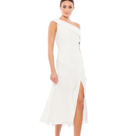 Ieena for Mac‎ Duggal 26484 Ruched Off The Shoulder White Midi Dress Size 12 - Picture 1 of 5